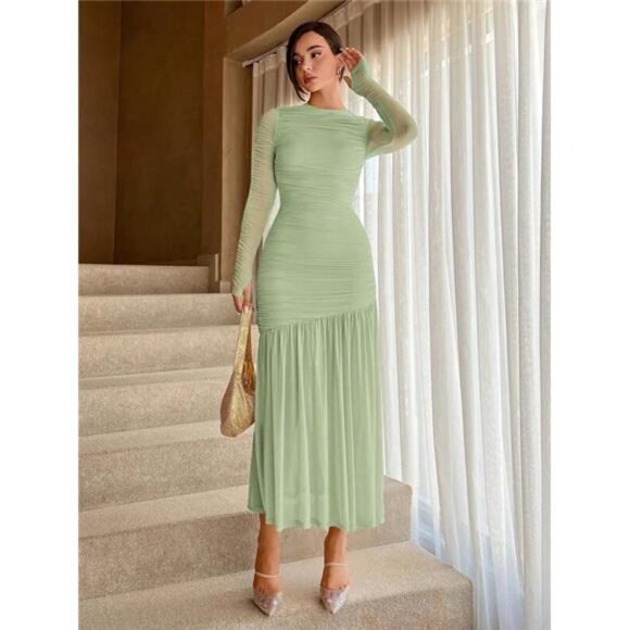 Patchwork Mesh & Pleated Waist Cinched Dress